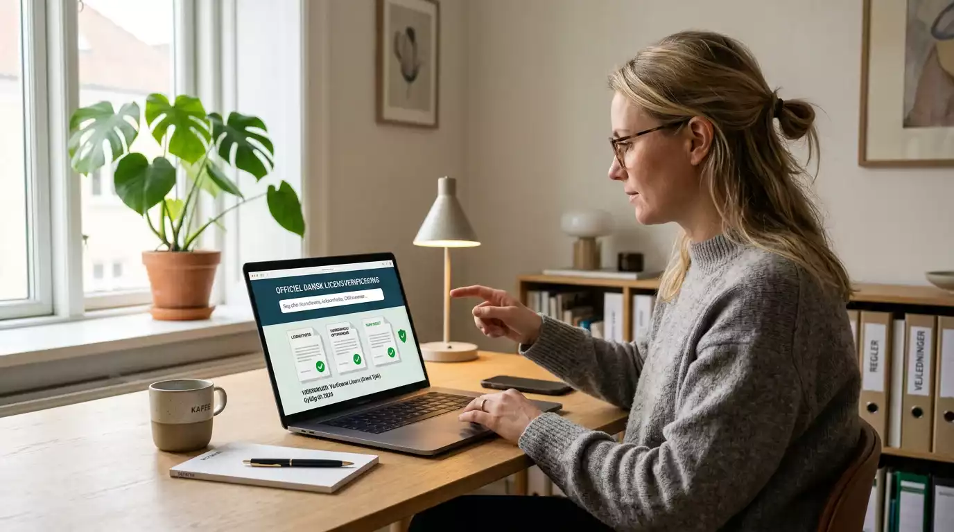 Person gennemgår officielle licensoplysninger på en bærbar computer