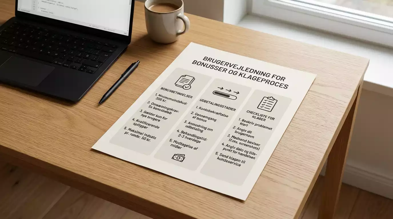 Tjekliste over bonusvilkår, udbetaling og klagevej på et bord
